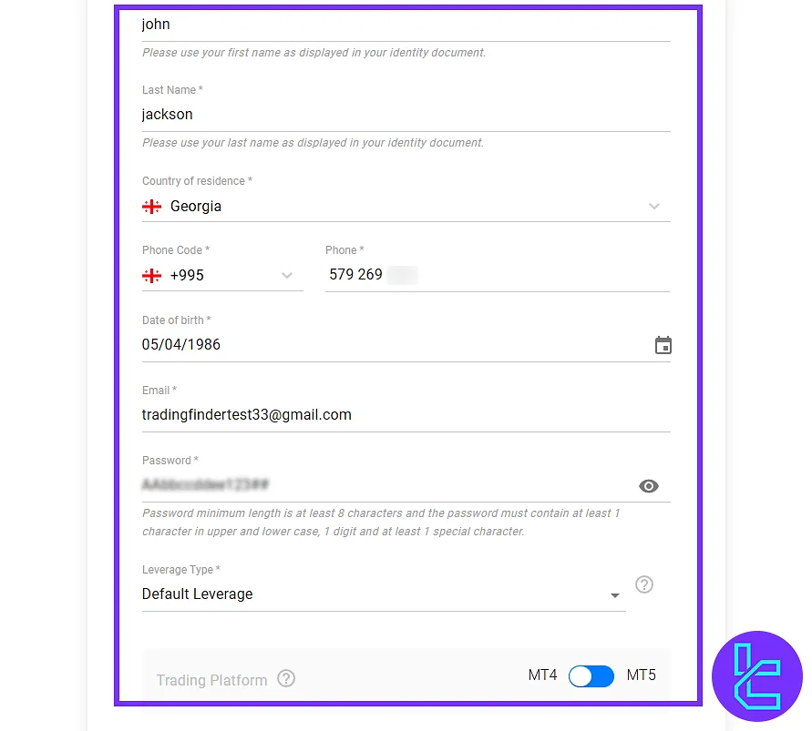 Entering personal and trading information in BDSwiss sign-up form