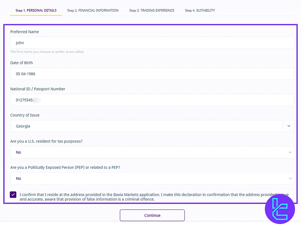 Answering personal details for Baxia Markets account creation