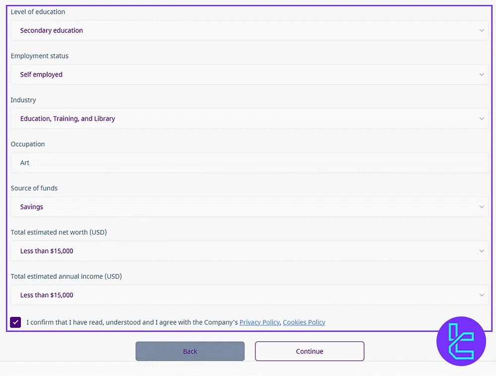 Provide your personal information and confirm your status in the Baxia Markets account setup process