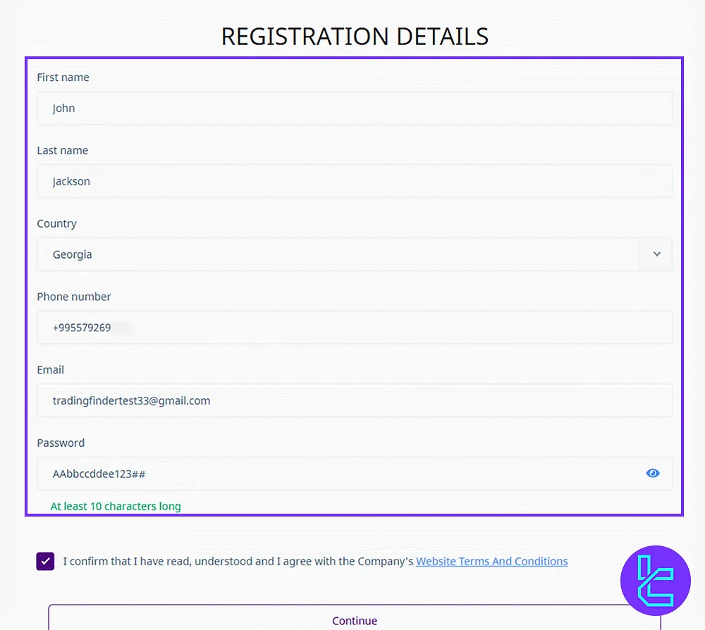 Filling out the Baxia Markets Signup form