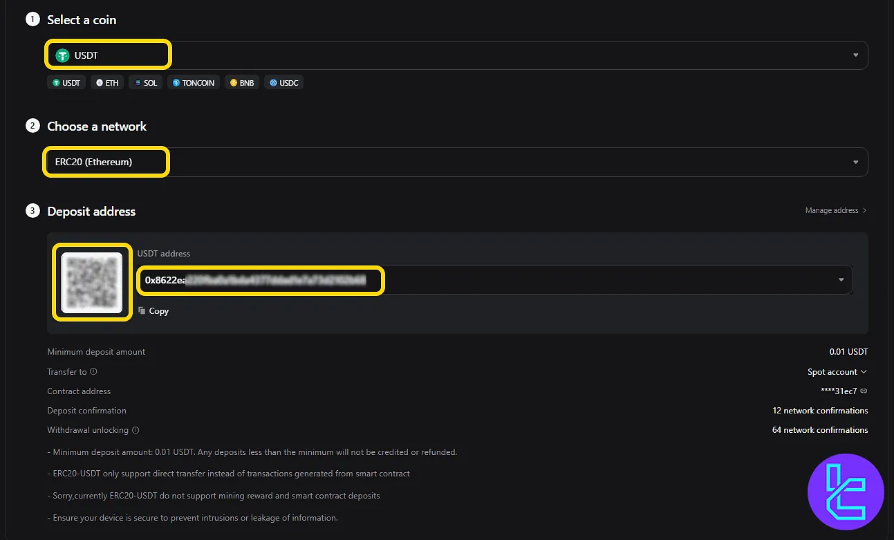 Bitget ERC20 payment setup with coin and network selected