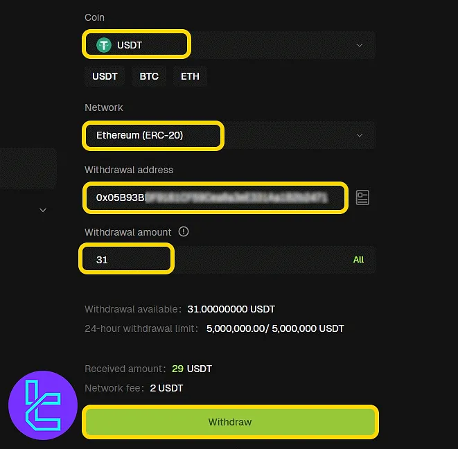 Bitunix Tether ERC20 transfer address and network setup
