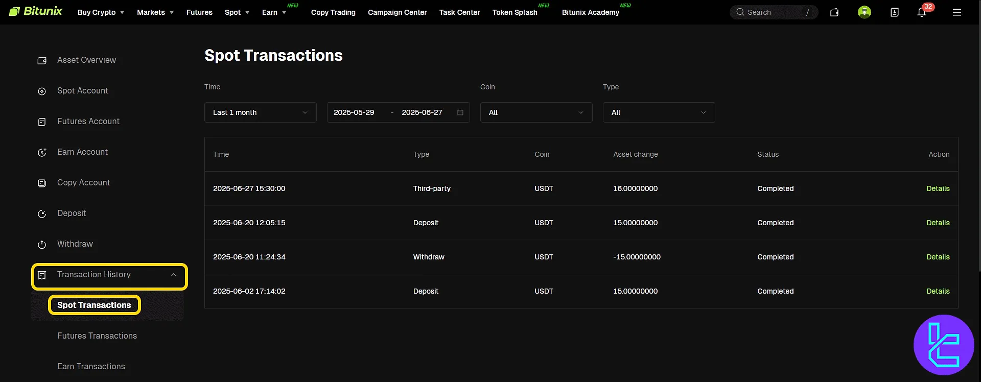 Bitunix USDT ERC20 payout record review in the history tab