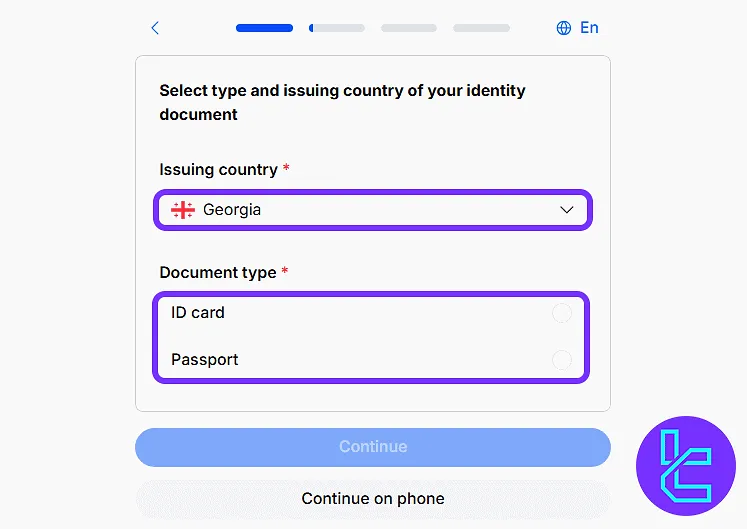 Interface for selecting ID document type and issuing country in the Currency.com identity process