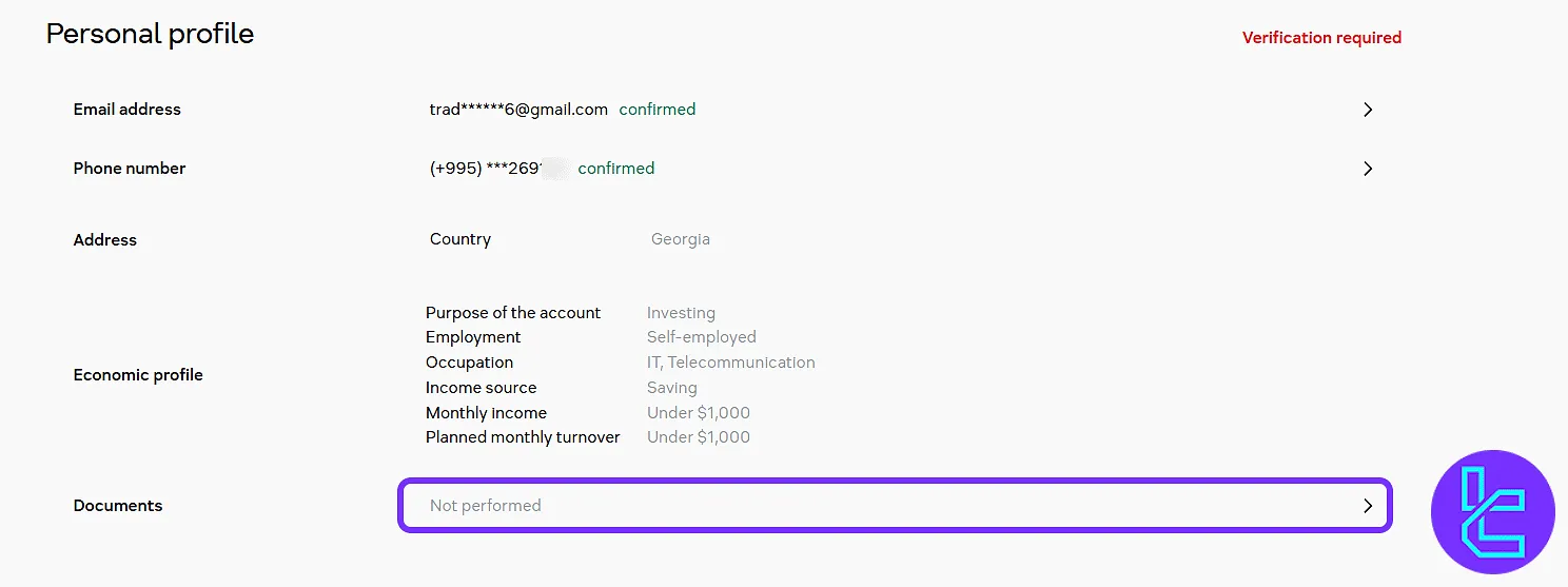 Currency.com Documents section showing inactive or Not performed status
