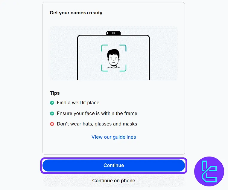 Camera readiness screen with selfie-taking instructions to proceed with the Currency.com KYC