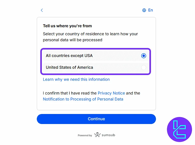 Country selection screen with region options for identity validation in Currency.com