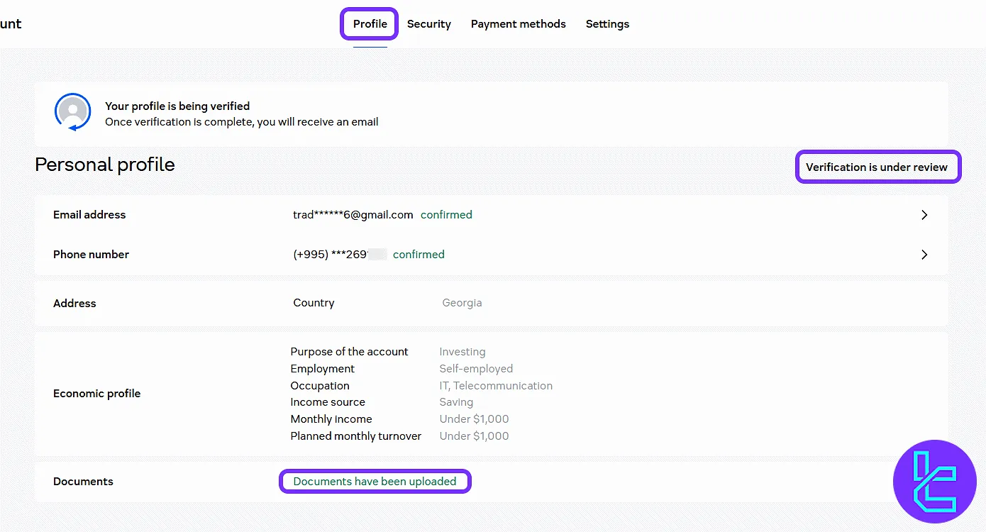 Currency.com profile page showing the document status under review