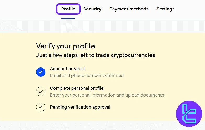 Accessing the profile tab in the Currency.com dashboard to start the KYC process
