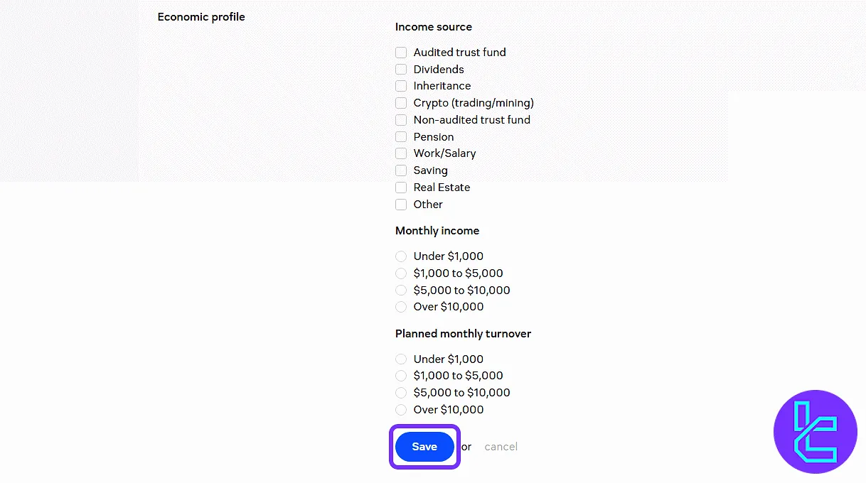Currency.com economic profile form with income and job information fields