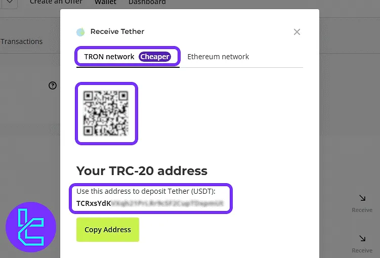 Paxful deposit dashboard with TRON network selected for funding