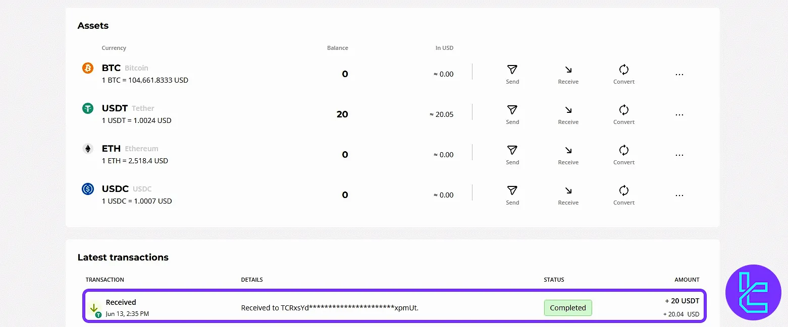 Paxful USDT TRC20 transaction completion shown in the history section
