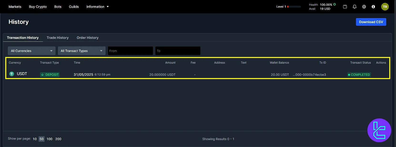 BitMEX tracking the USDT TRC20 deposit