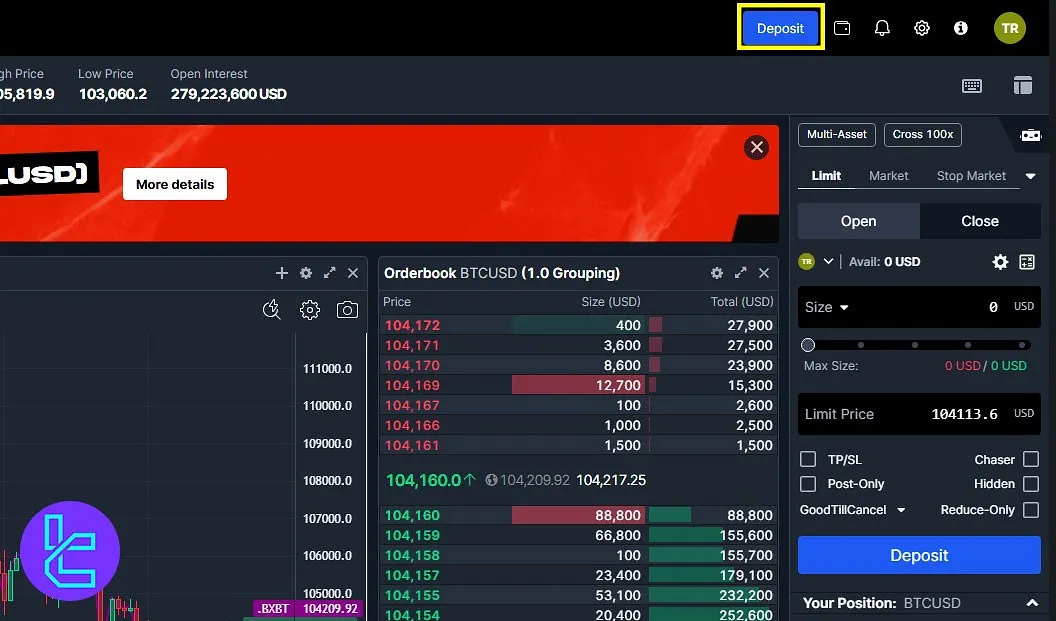 Accessing the deposit section for BitMEX USDT TRC-20 payment