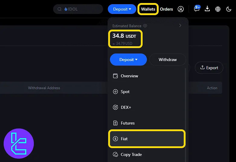 MEXC wallet showing updated balance in Fiat section after funding with the Visa/MasterCard method