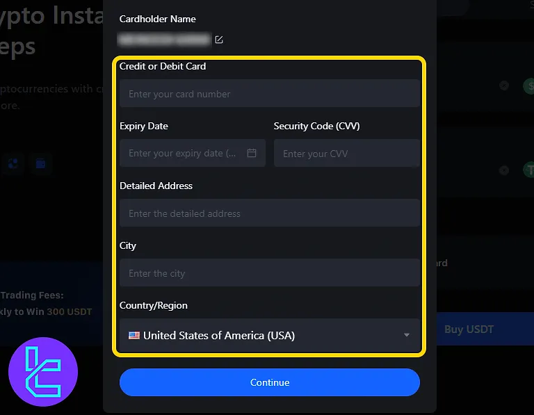 MEXC card payment form with all required fields for Visa/MasterCard input