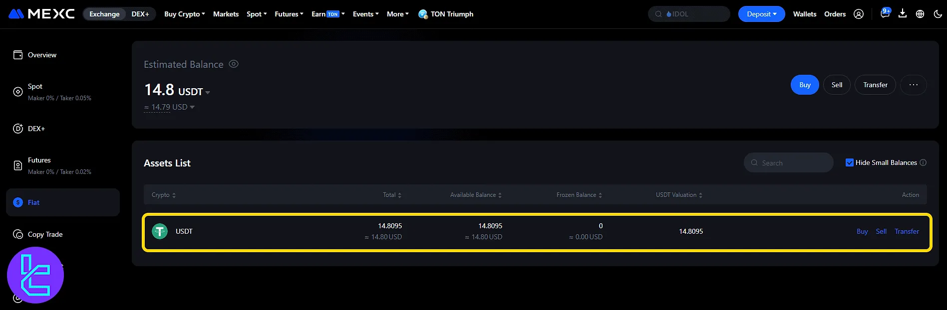 MEXC Visa/MasterCard transaction overview in the Fiat wallet section