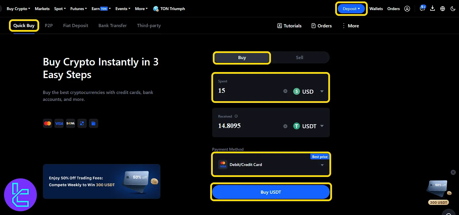MEXC card payment configuration with selected fiat, USDT, and payment options