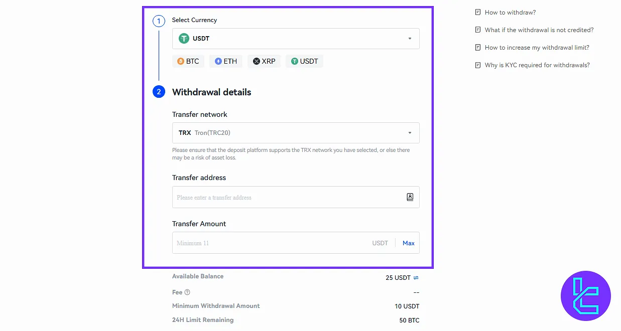 Toobit USDT TRC20 address and amount for withdrawal