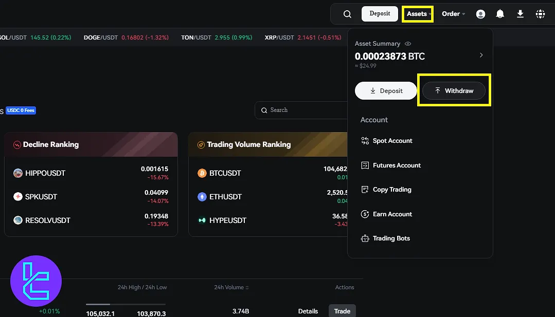 Toobit USDT TRC20 withdrawal assets menu