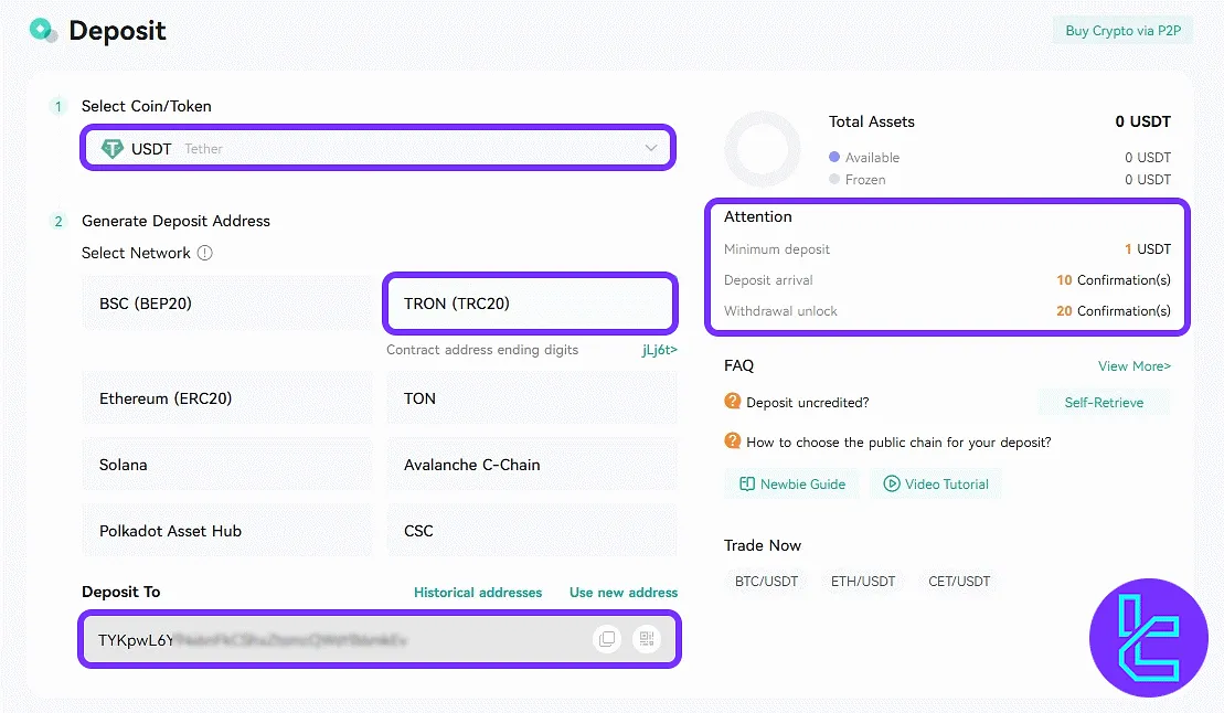 CoinEx TRC20 wallet top-up address and confirmation requirements panel