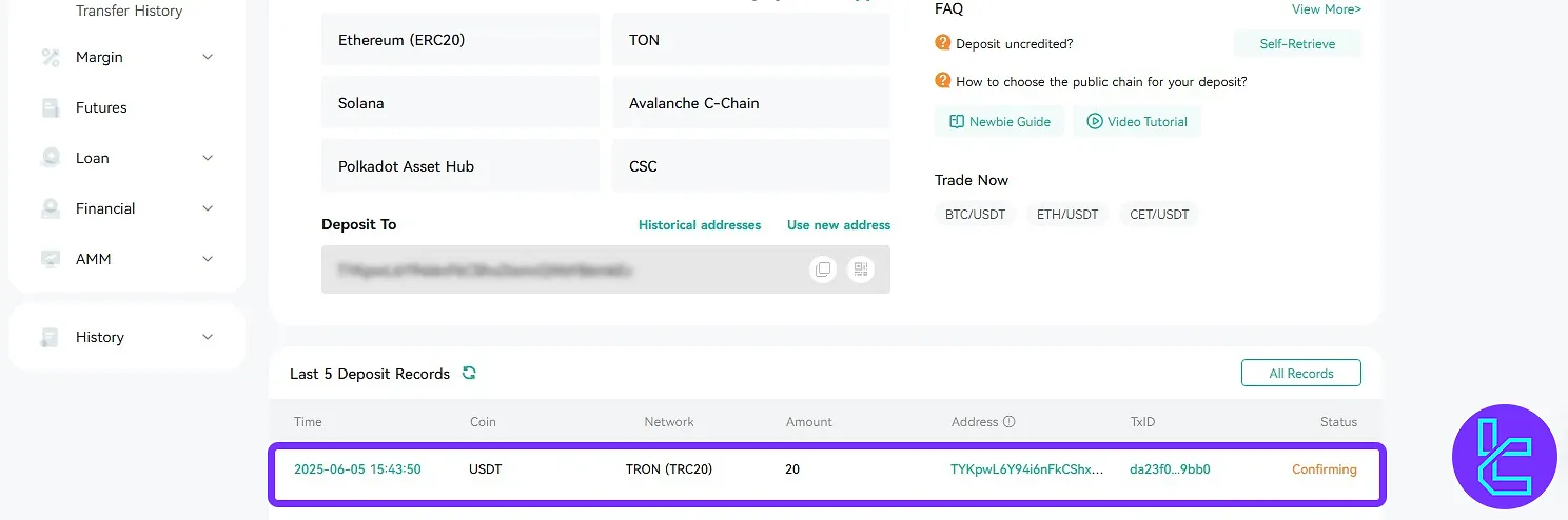 CoinEx TRC20 USDT wallet top-up with confirmation bar display