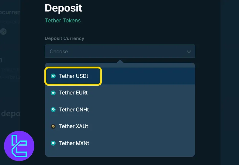 Dropdown showing "Tether USDt" selected for funding Bitfinex