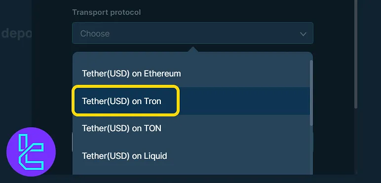 TRON network option highlighted in the transport list to fund your Bitfinex account