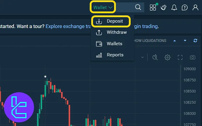 Bitfinex dashboard with Wallet tab and Deposit button highlighted to transfer TRC20
