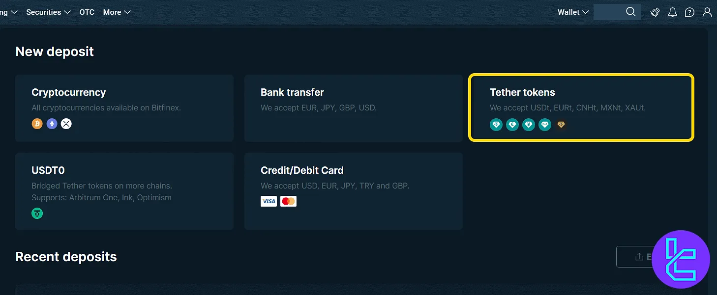 Bitfinex new funding screen showing Tether Tokens among asset choices