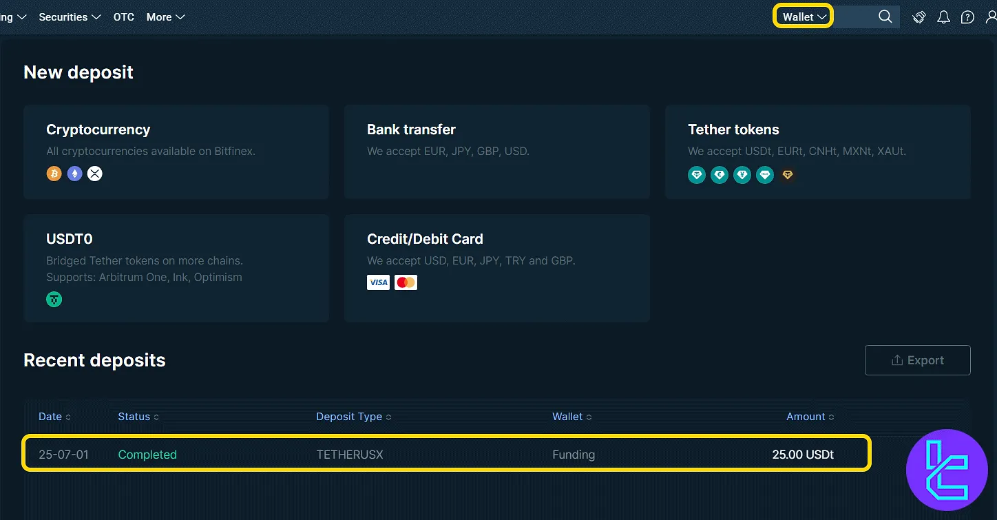 Bitfinex transaction record showing completed USDT top-up