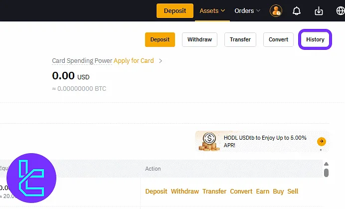 The History tab is selected in the ByBit TRC20 wallet section