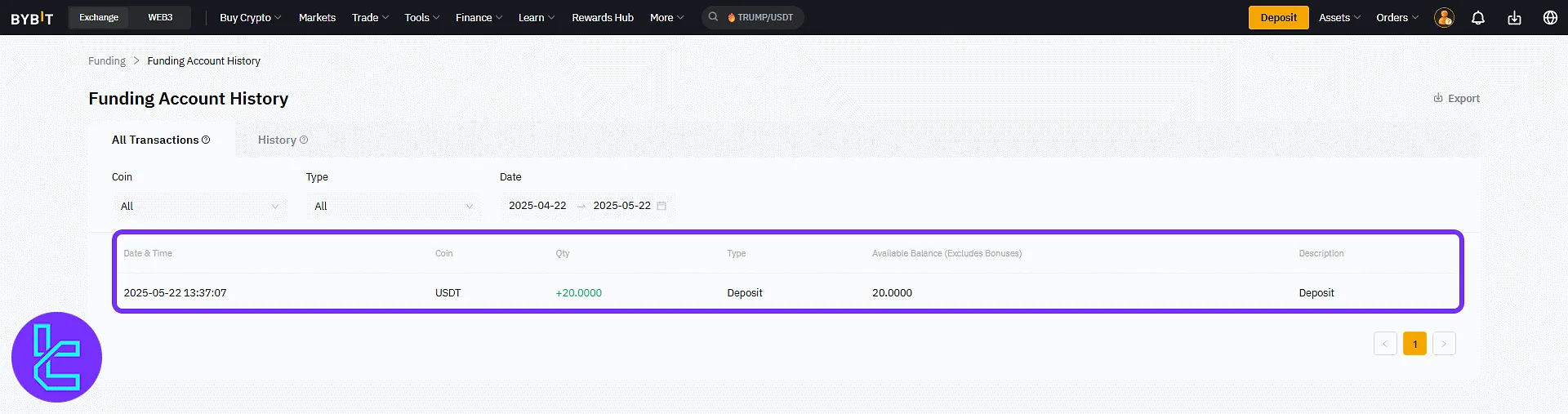 ByBit USDT TRC20 transfer confirmation page showing success