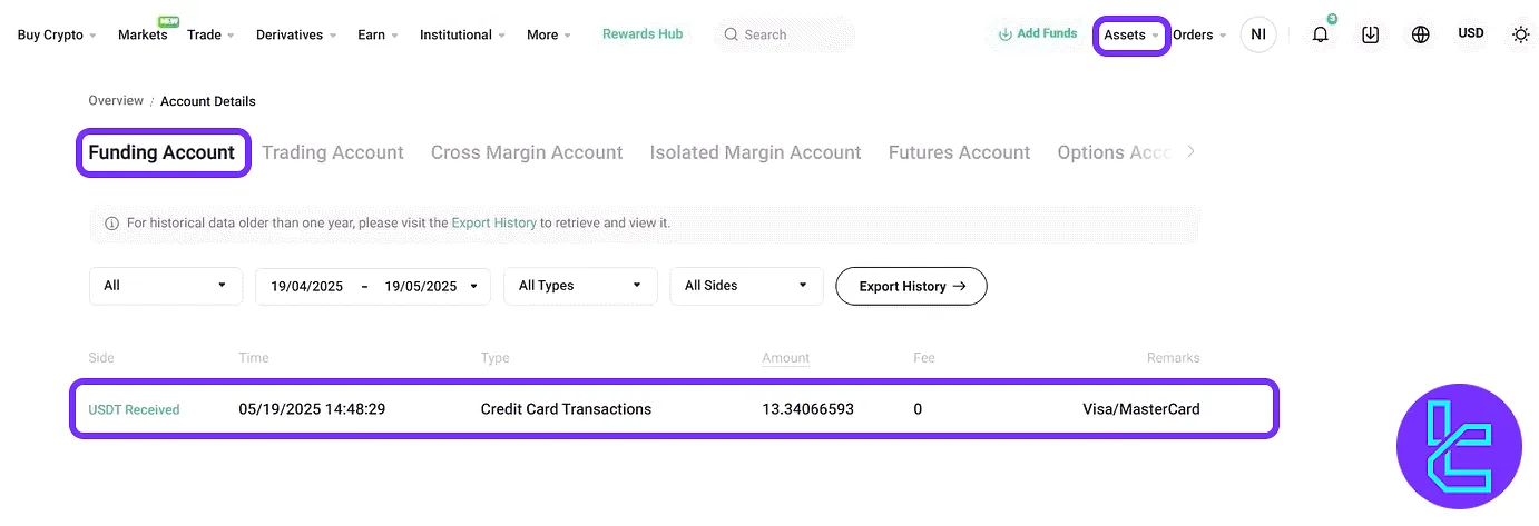KuCoin asset dashboard showing the Visa/Mastercard transaction details