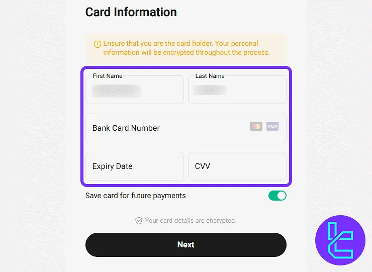 KuCoin cardholder form with Visa/Mastercard fields to fund the account