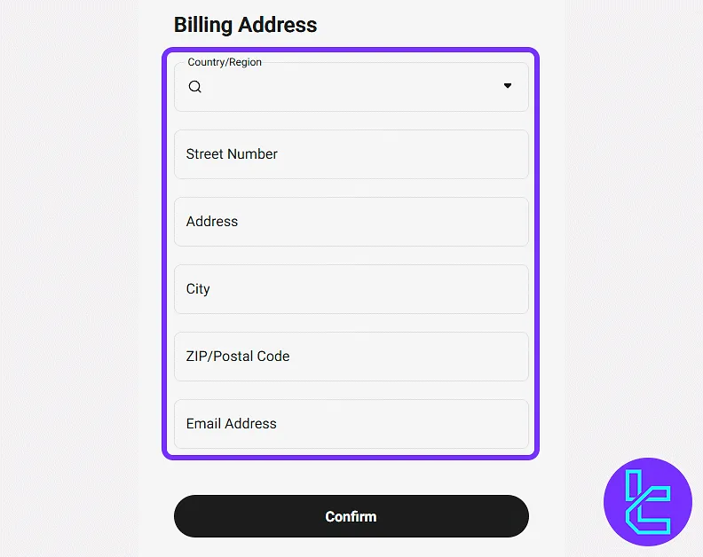KuCoin billing address entry form during the Visa/Mastercard payment process