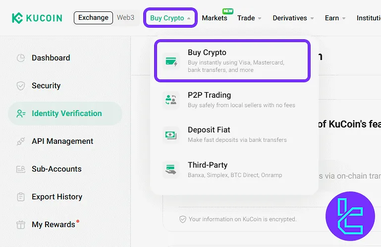 KuCoin Buy Crypto top-up section and available purchase options, including Visa and Mastercard