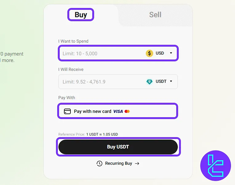 KuCoin card payment section showing amount input and coin selector