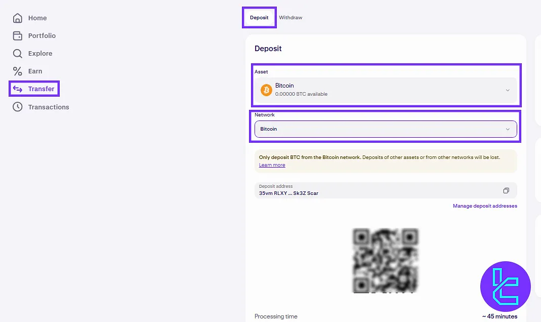 Kraken BTC selection for deposit