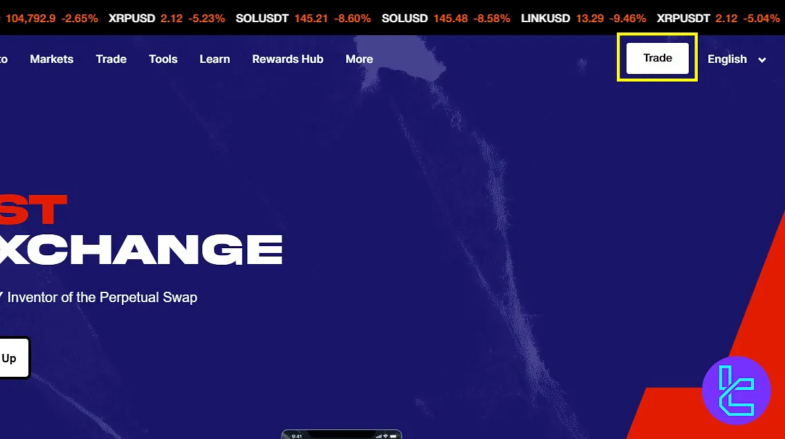 Accessing Trade section to deposit USDT ERC20 to BitMEX