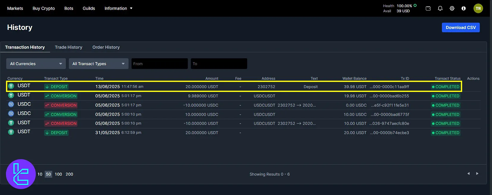 Tracking Tether ERC20 deposit on BitMEX history