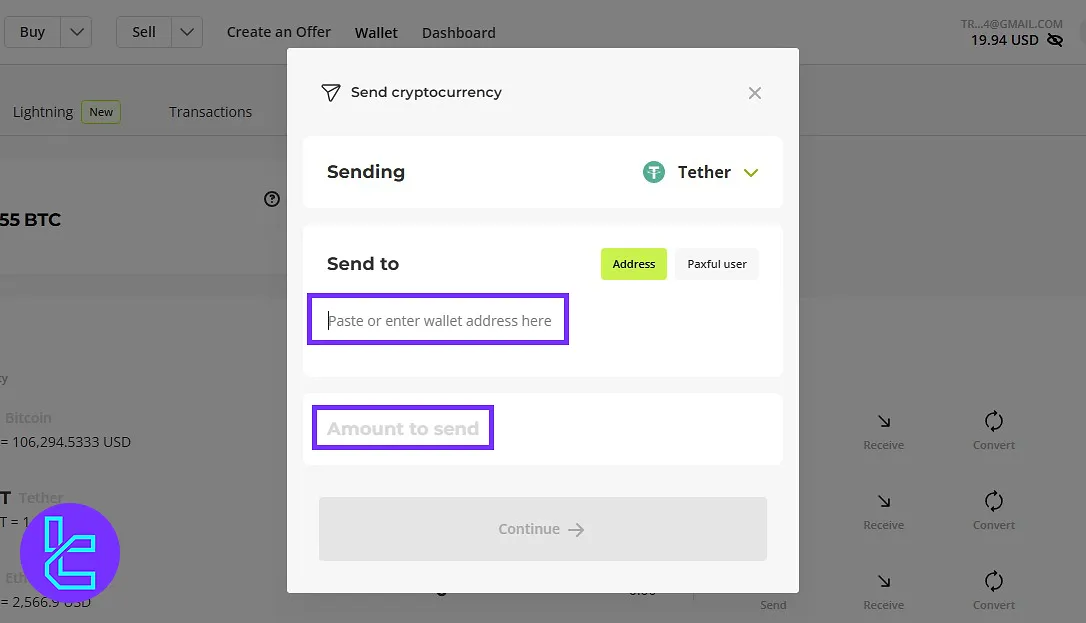 Paxful Tether TRC20 amount input for withdrawal