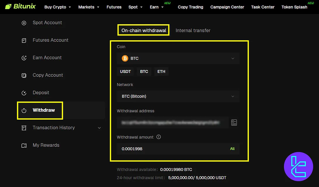Bitunix Bitcoin payout address and amount