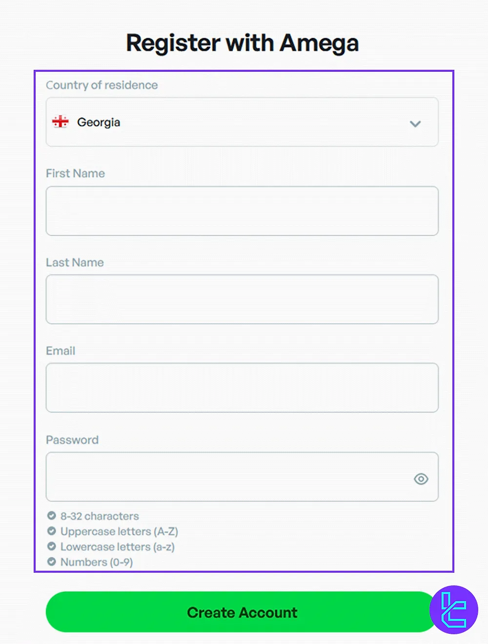 User filling out the Amega Signup form