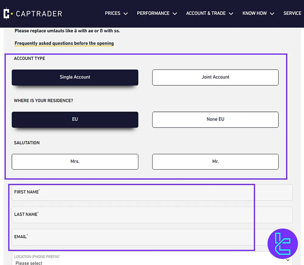 Filling out the registration form in CapTrader