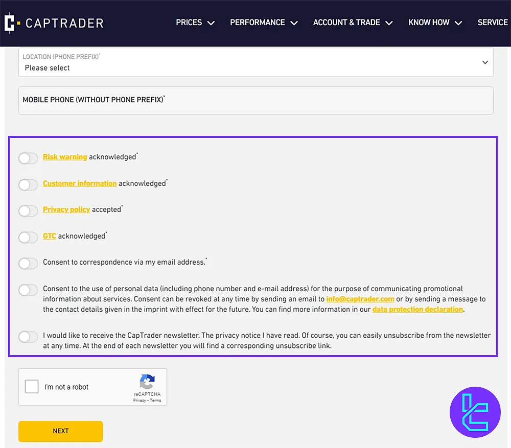 CapTrader Accepting Terms and Conditions for Registration