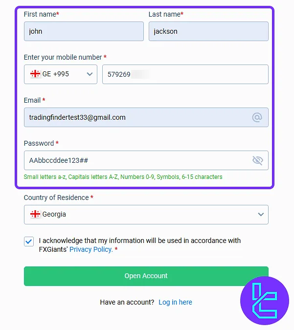 FXGiants Sign-up form