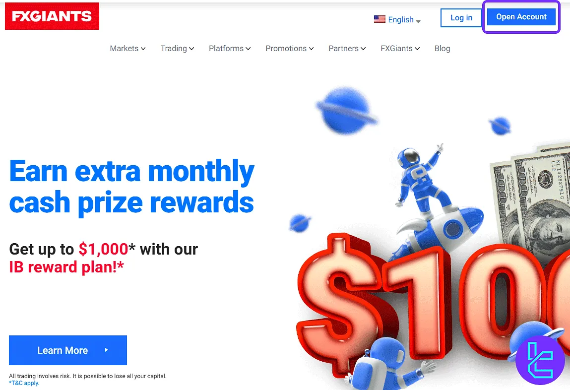 FXGiants sign up from the main page of the website
