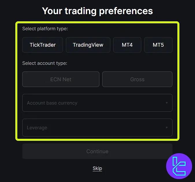 Account set up form in FXOpen sign up