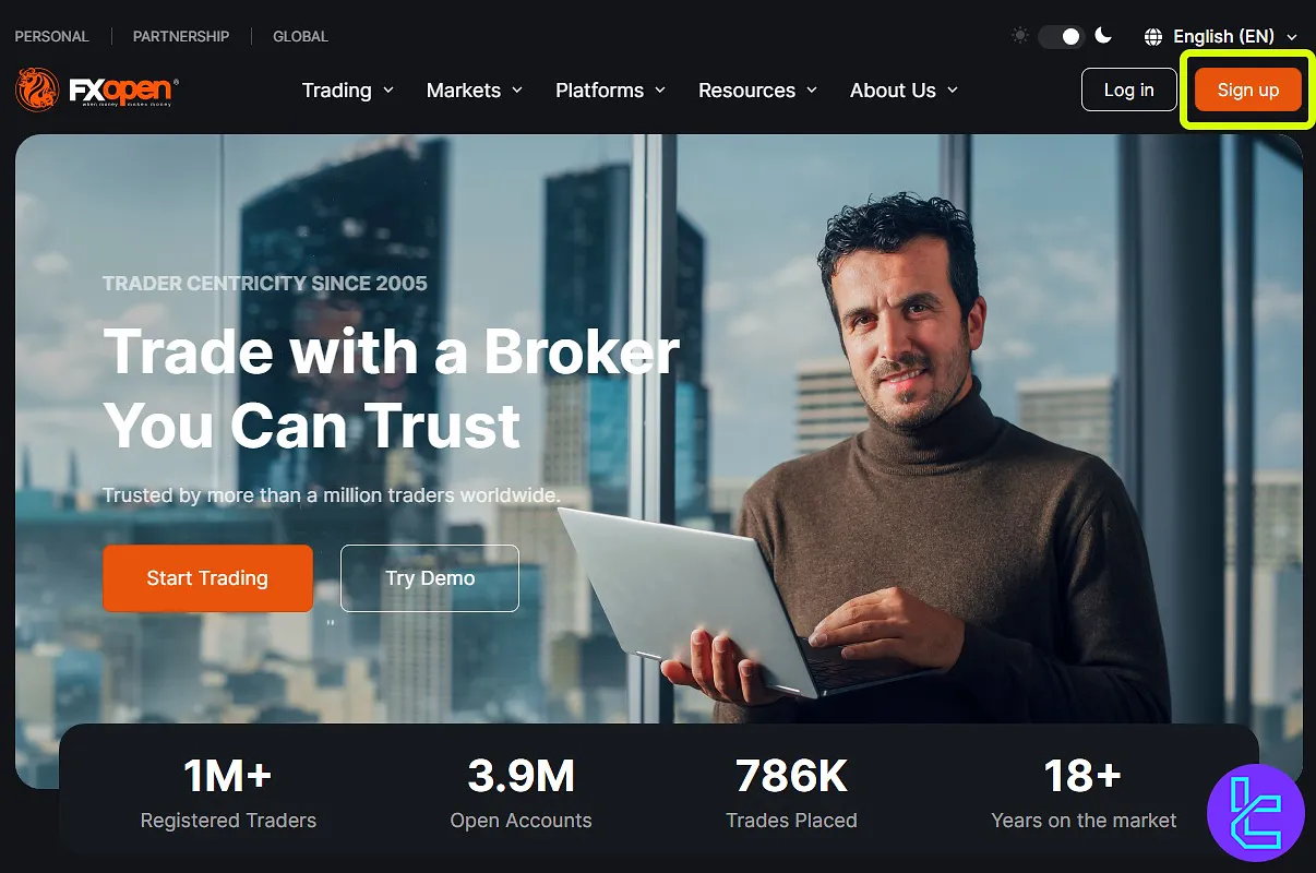 FXOpen sign-up from main page